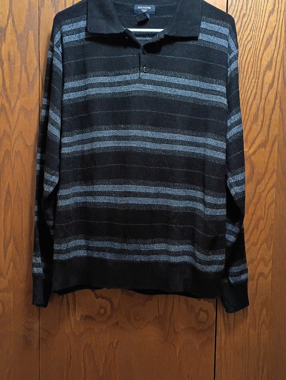 Dockers Black Button Down Sweater with Gray Stripes